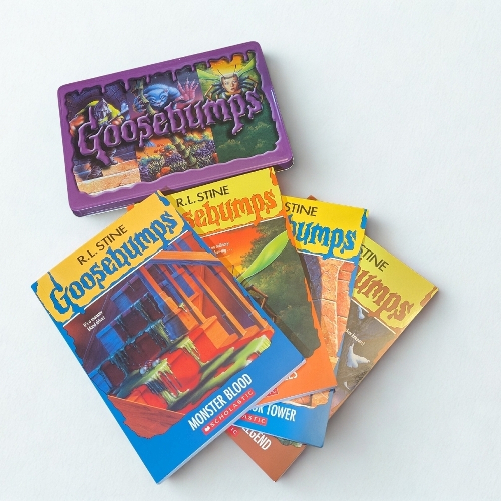 Goosebumps Book Lot w/ Collector Tin Monster Blood and 3 other R.L.Stine books